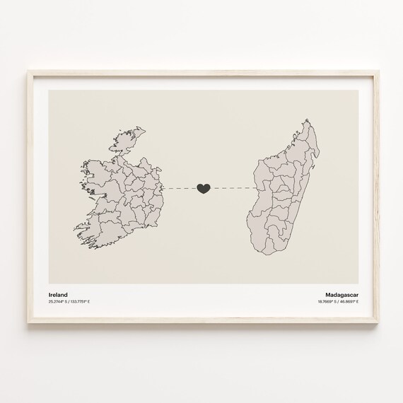 Ireland Madagascar Beige Minimalist Heart Connection Map Poster