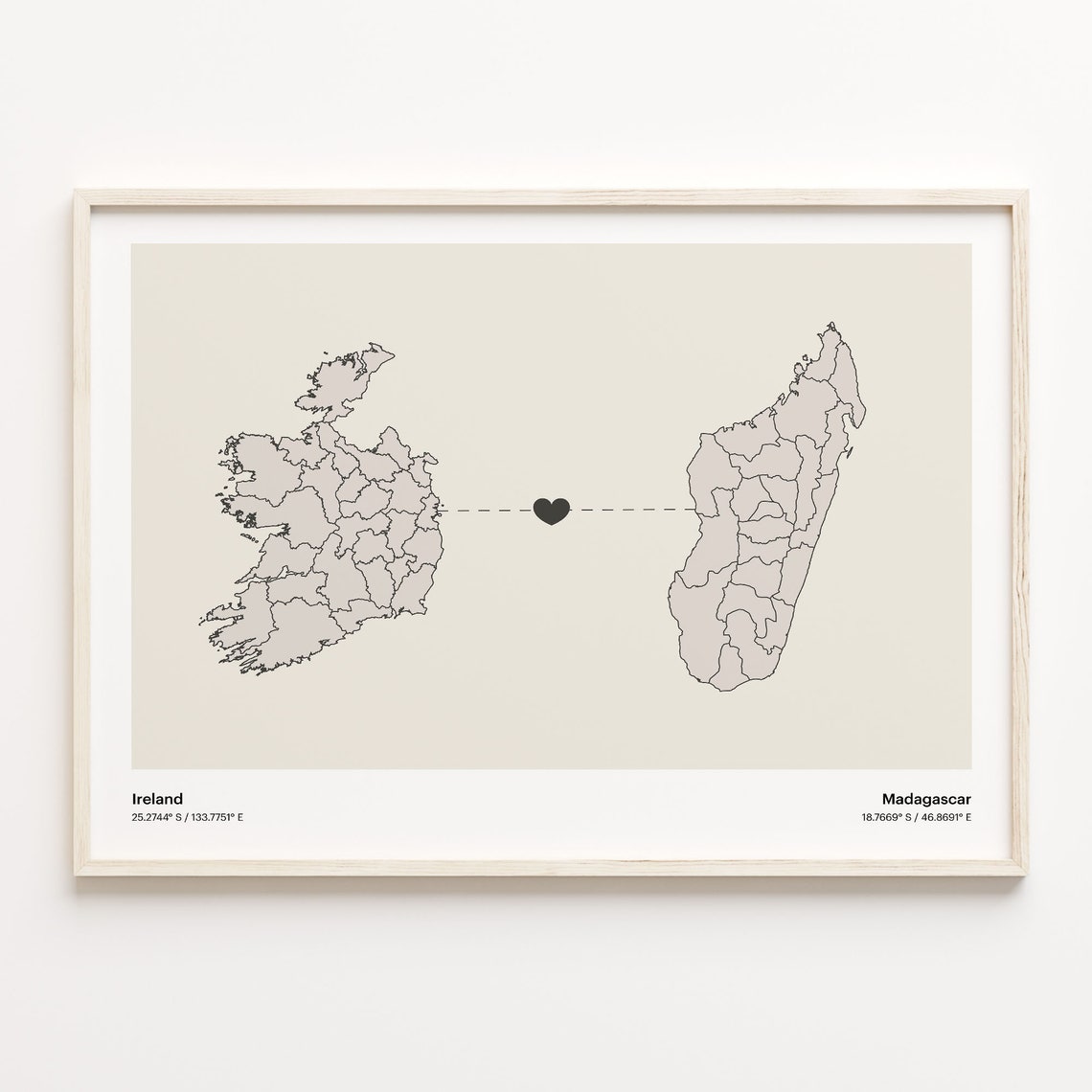 Ireland Madagascar Beige Minimalist Heart Connection Map Poster
