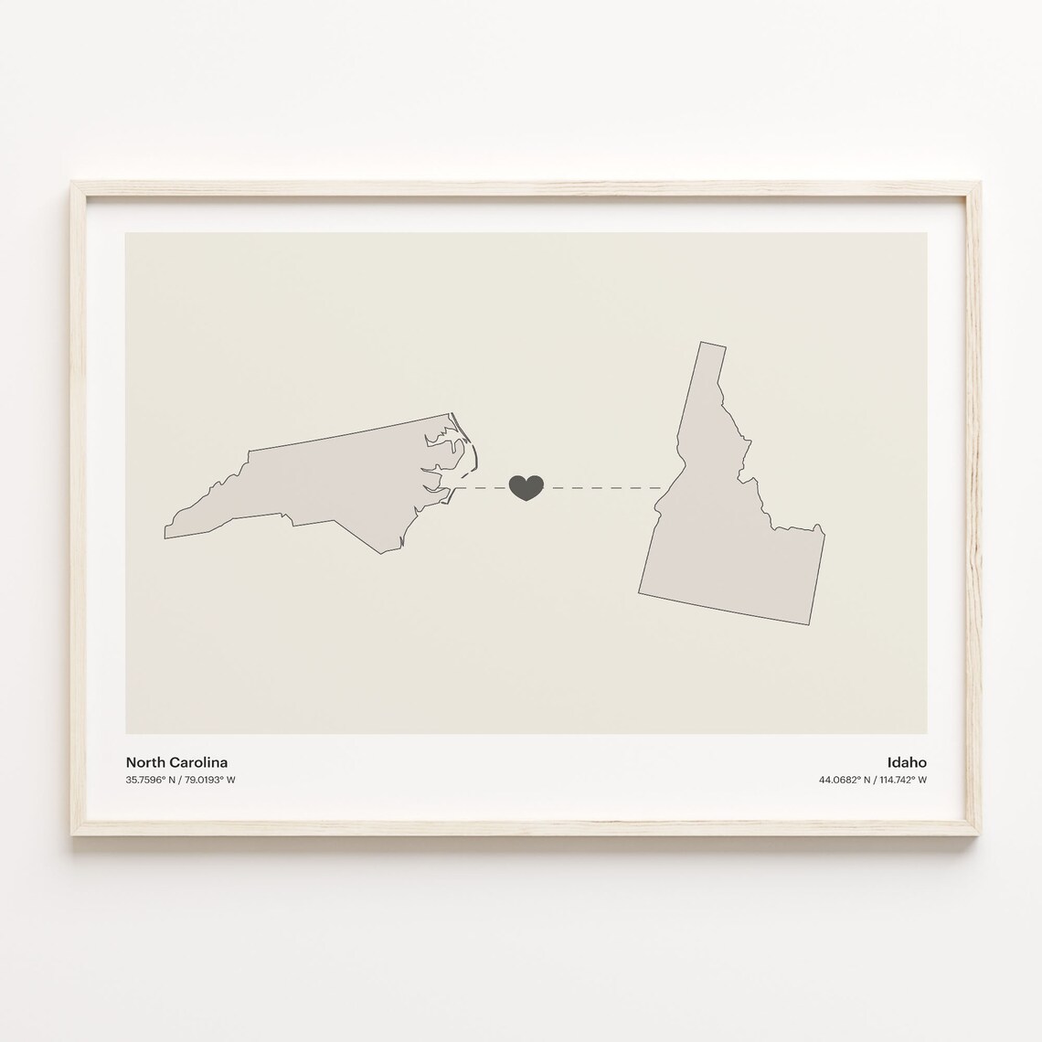 North Carolina And Idaho Long Distance Love Minimalist Heart Map Poster