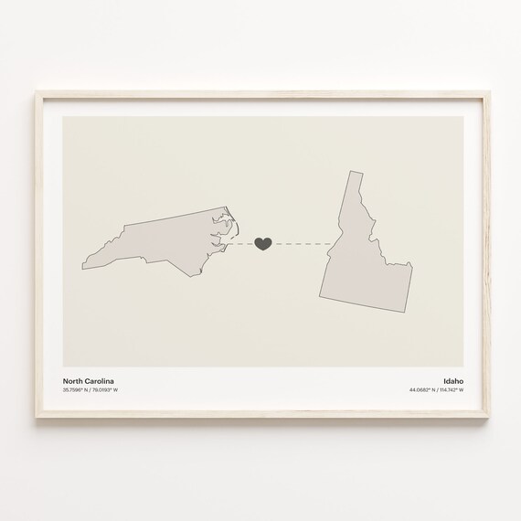 North Carolina And Idaho Long Distance Love Minimalist Heart Map Poster