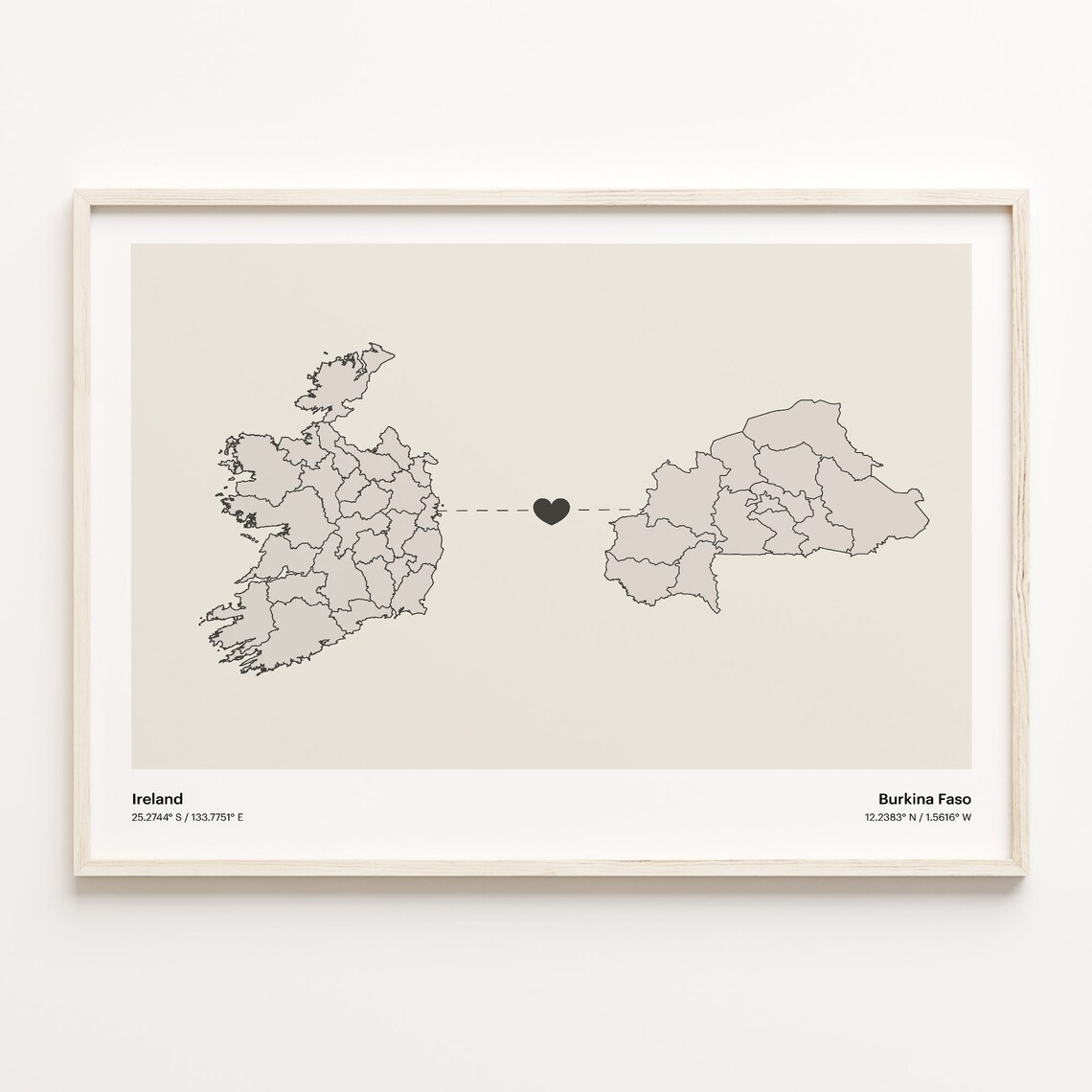 Ireland to Burkina Faso Long Distance Heart Connection Map Poster