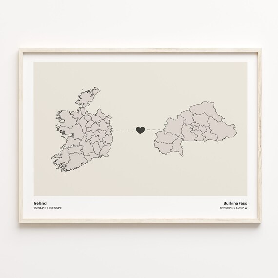 Ireland to Burkina Faso Long Distance Heart Connection Map Poster