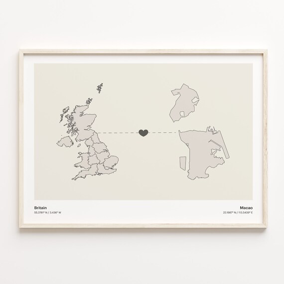 Britain To Macao Minimalist Country Heart Connection Map Poster