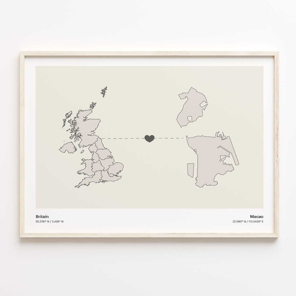 Britain To Macao Minimalist Country Heart Connection Map Poster
