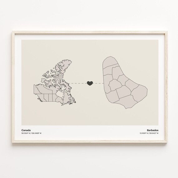 Canada To Barbados Heart Connection Minimalist Beige Map Poster