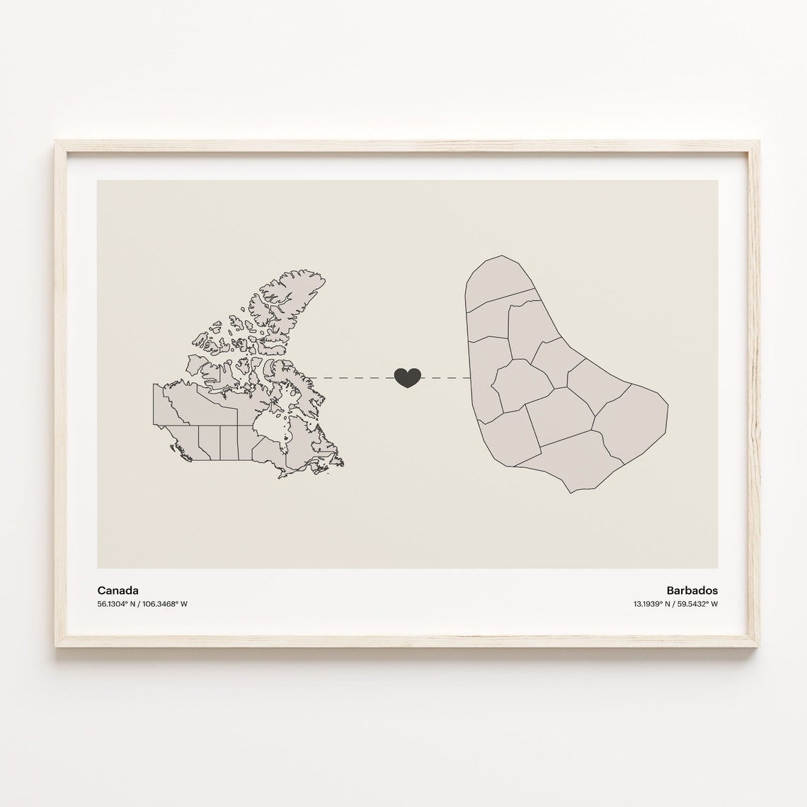 Canada To Barbados Heart Connection Minimalist Beige Map Poster