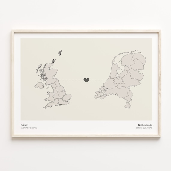 Britain Netherlands Long Distance Heart Connection Map Gift Poster