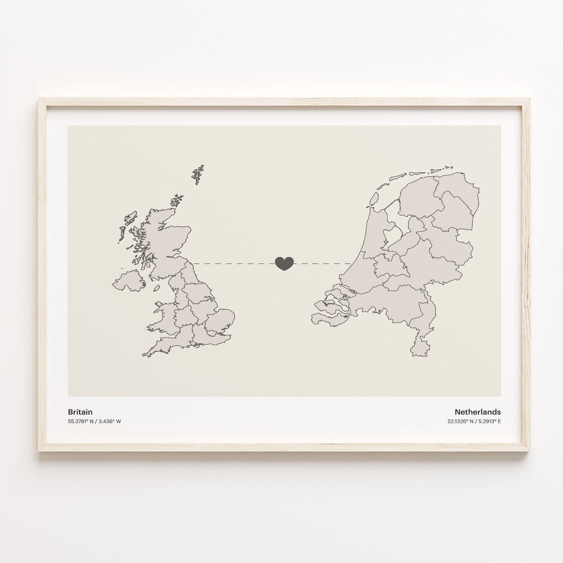 Britain Netherlands Long Distance Heart Connection Map Gift Poster