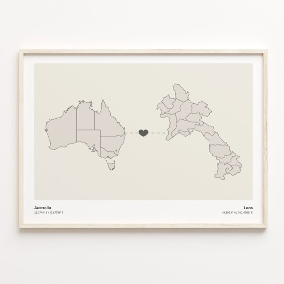 Australia to Laos Long Distance Minimalist Heart Connection Map Poster