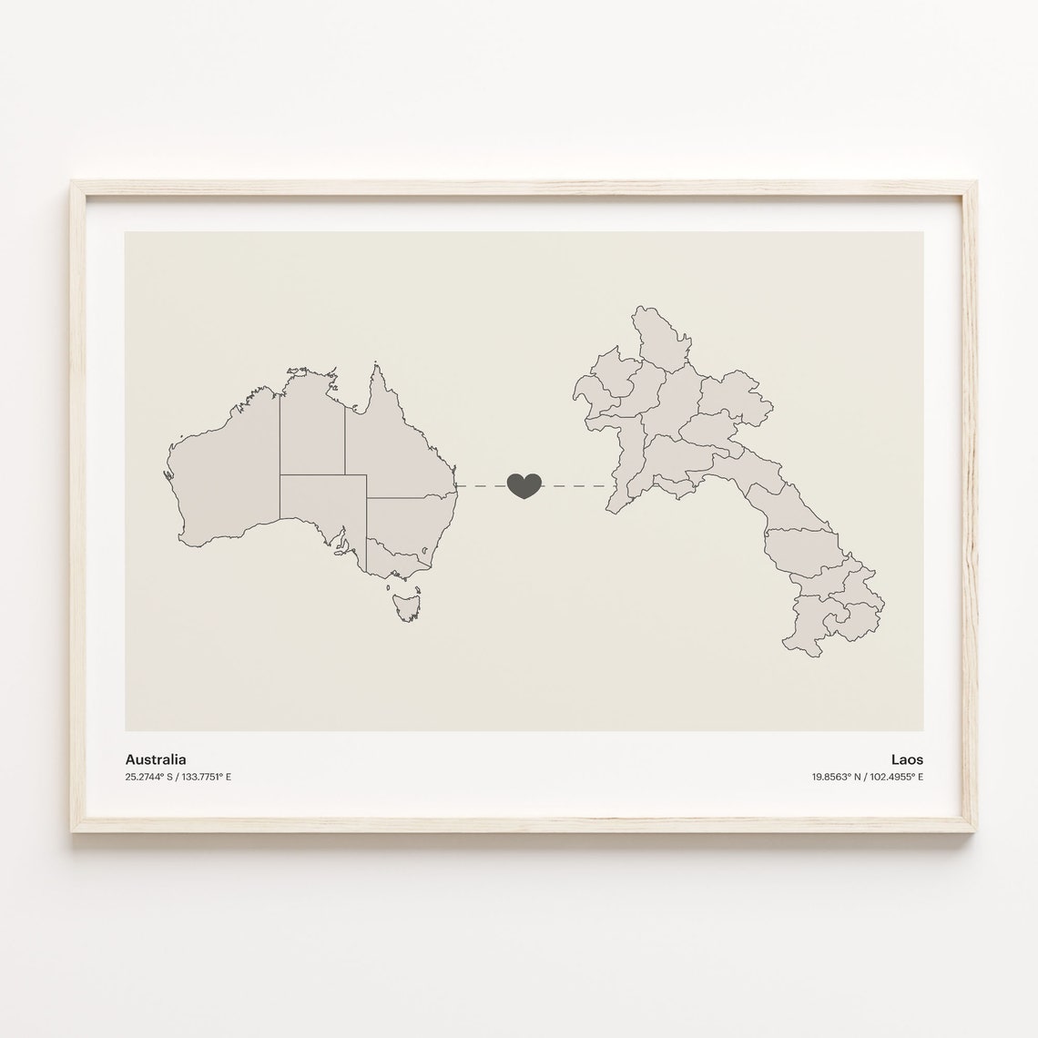 Australia to Laos Long Distance Minimalist Heart Connection Map Poster