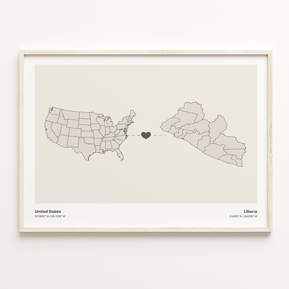 United States To Liberia Minimalist Heart Map Connection Gift Poster