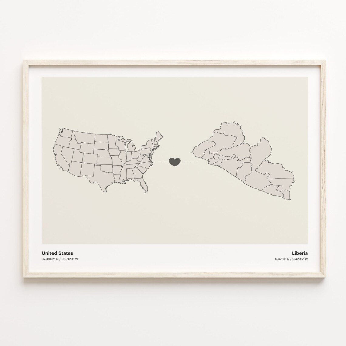 United States To Liberia Minimalist Heart Map Connection Gift Poster