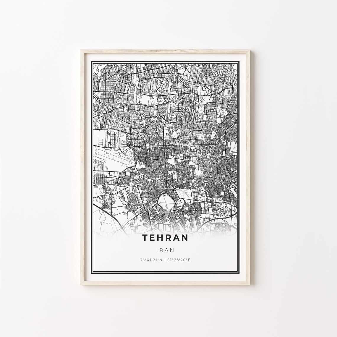 Tehran City Map Print, Modern Black and White