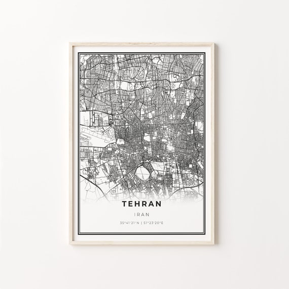 Tehran City Map Print, Modern Black and White