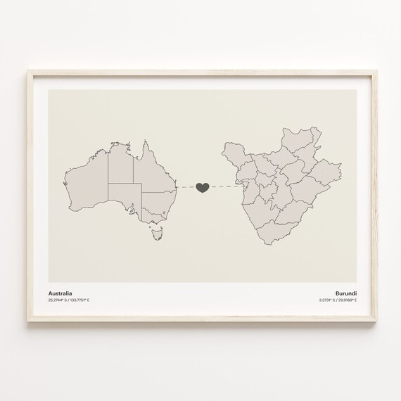 Australia to Burundi Long Distance Heart Map Connection Poster