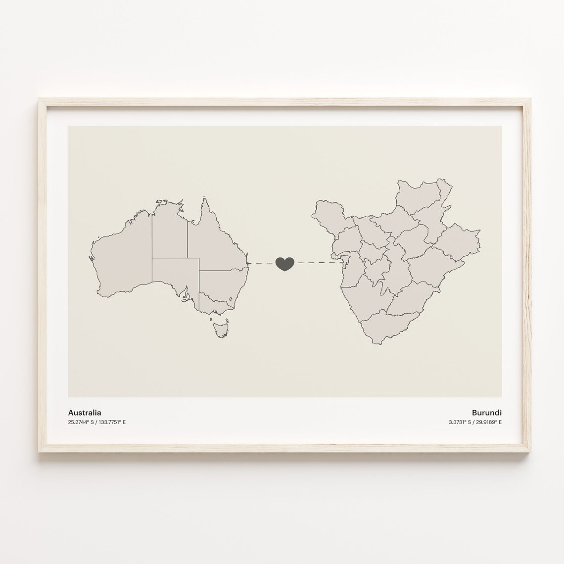 Australia to Burundi Long Distance Heart Map Connection Poster