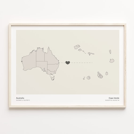 Australia Cape Verde Long Distance Heart Map Minimalist Love Print