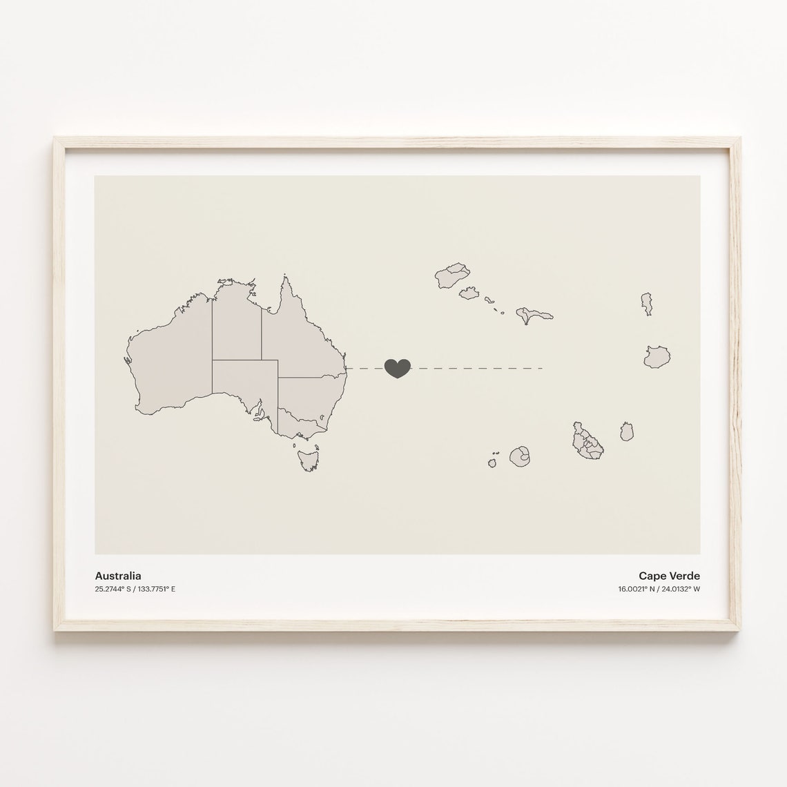 Australia Cape Verde Long Distance Heart Map Minimalist Love Print
