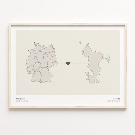 Germany to Mayotte Long Distance Heart Connection Map Poster