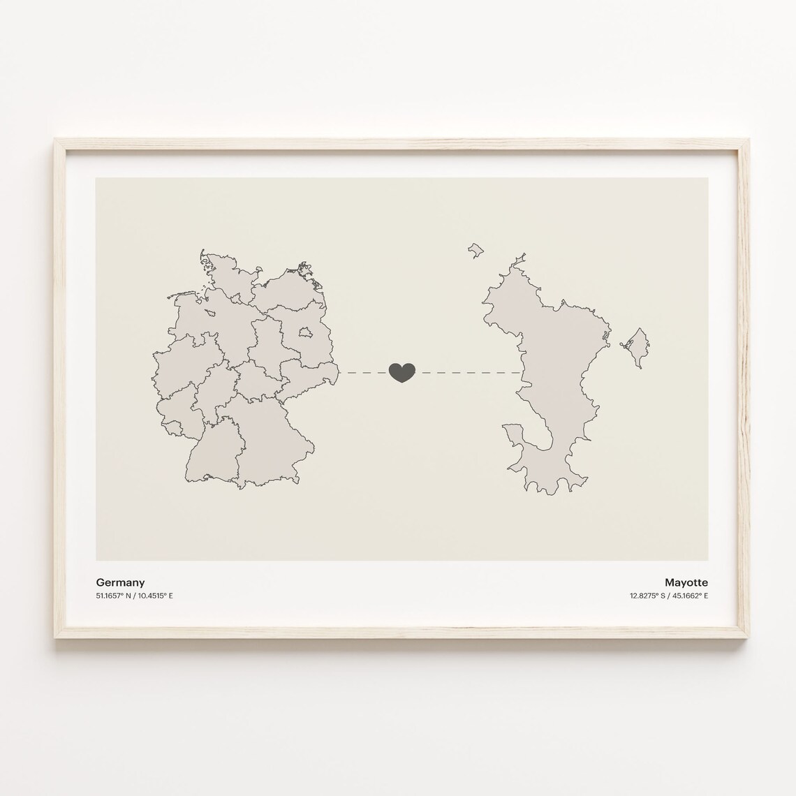 Germany to Mayotte Long Distance Heart Connection Map Poster