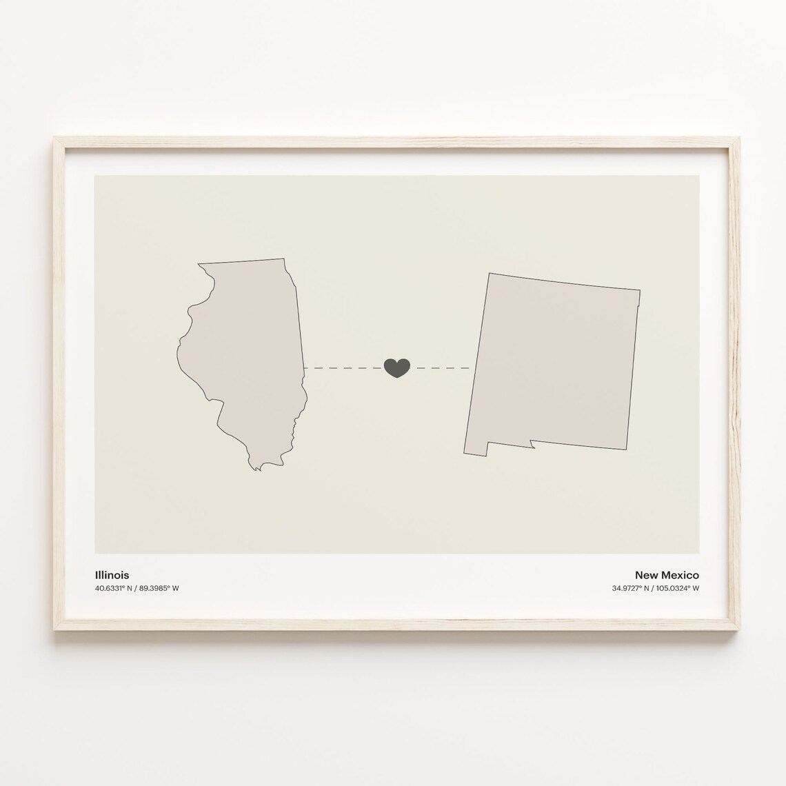 Illinois To New Mexico Minimalist Long Distance Love Map Poster