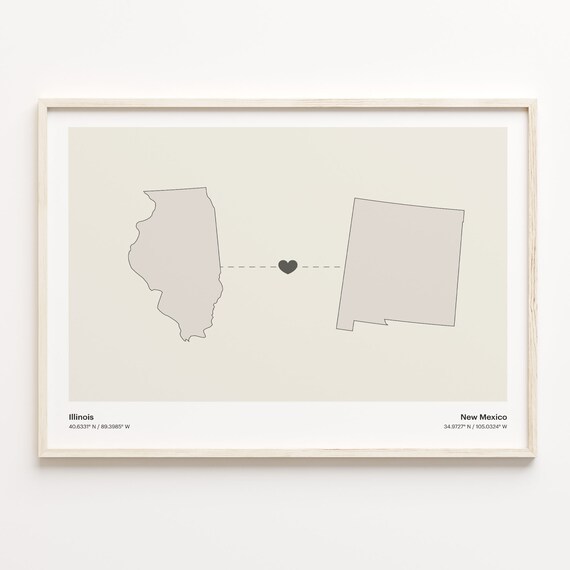 Illinois To New Mexico Minimalist Long Distance Love Map Poster