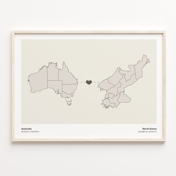 Australia to North Korea Minimalist Heart Connection Map Poster