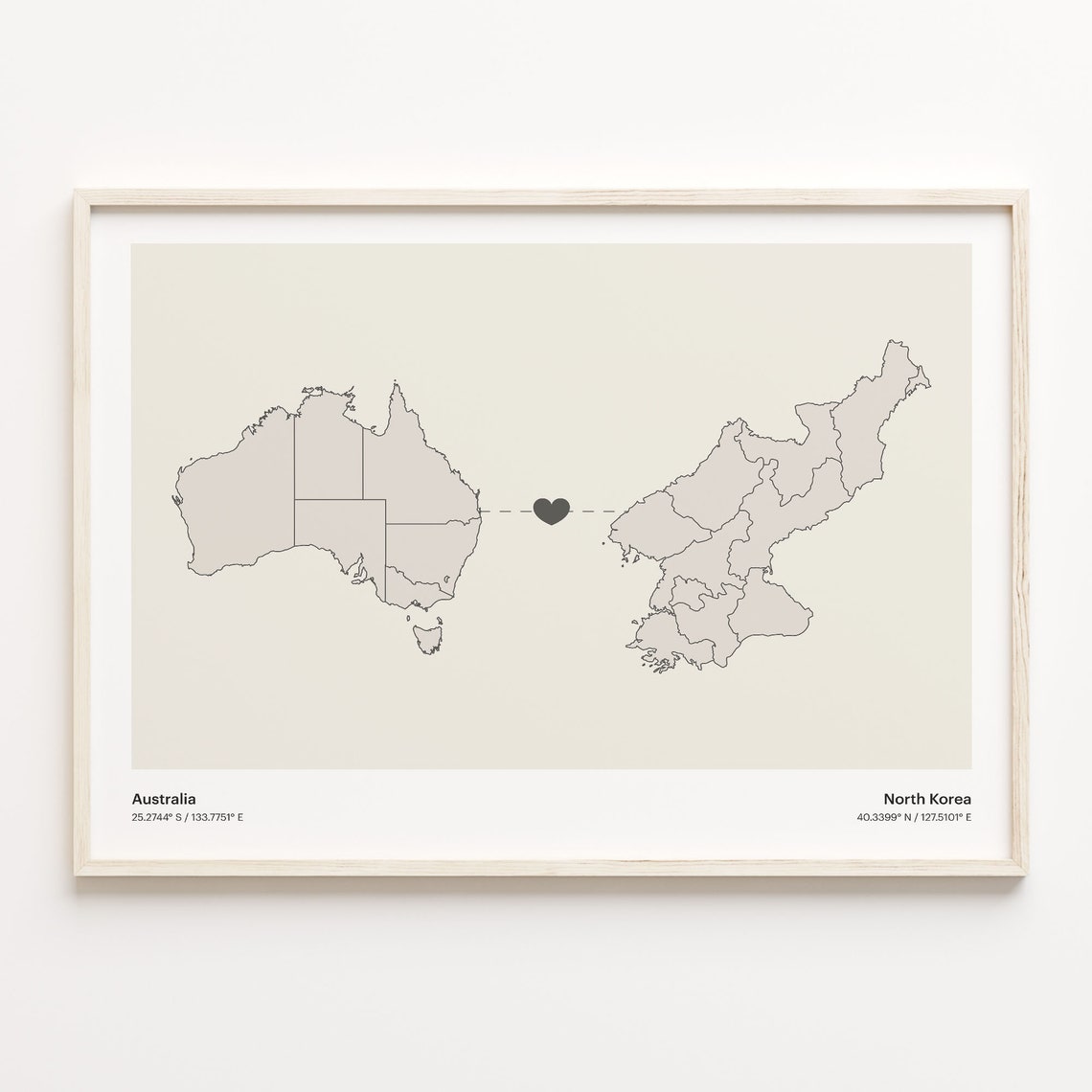 Australia to North Korea Minimalist Heart Connection Map Poster