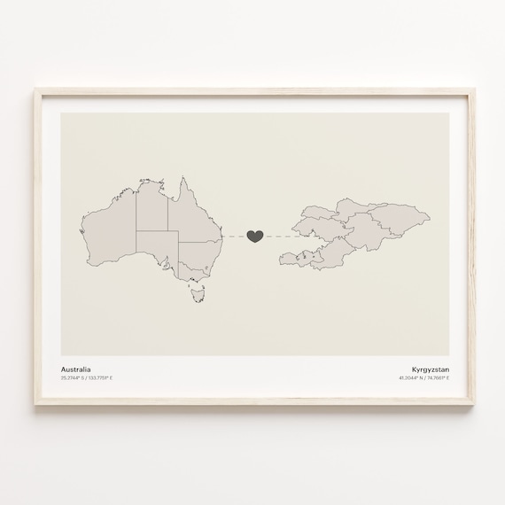 Australia Kyrgyzstan Long Distance Heart Connection Map Poster