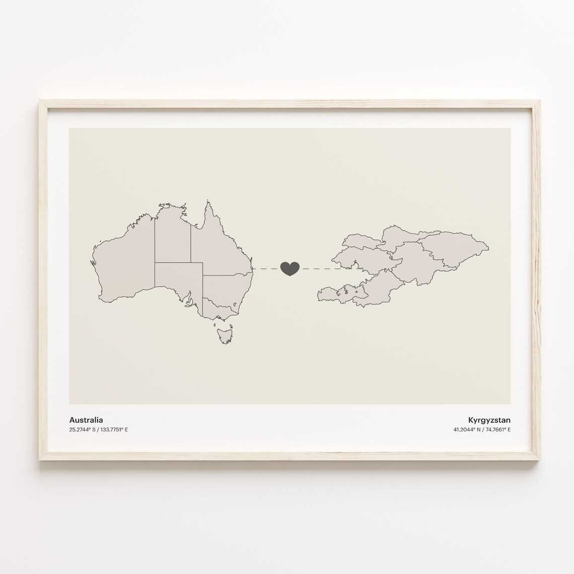 Australia Kyrgyzstan Long Distance Heart Connection Map Poster