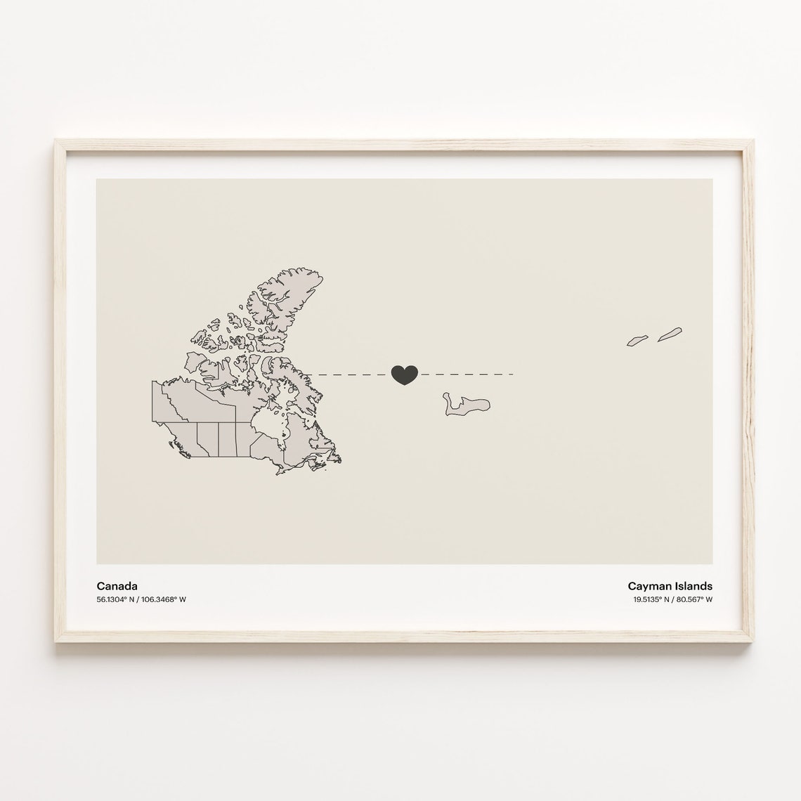 Canada To Cayman Islands Minimalist Love Connection Map Travel Poster