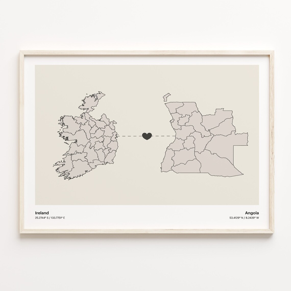 Ireland and Angola Long Distance Love Country Connection Map Poster