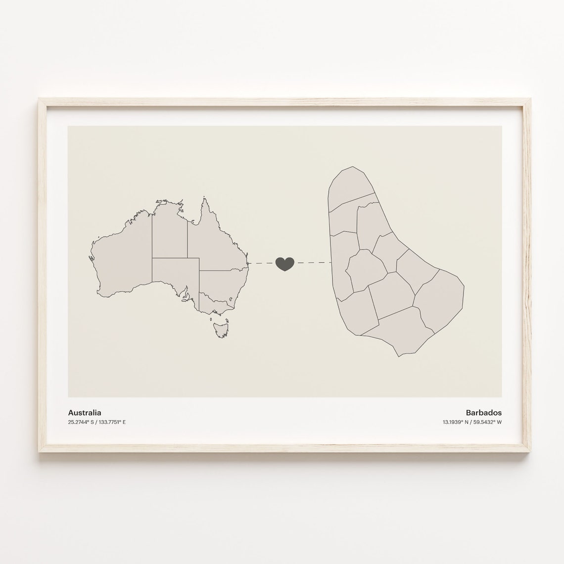 Australia to Barbados Long Distance Heart Map Connection Poster