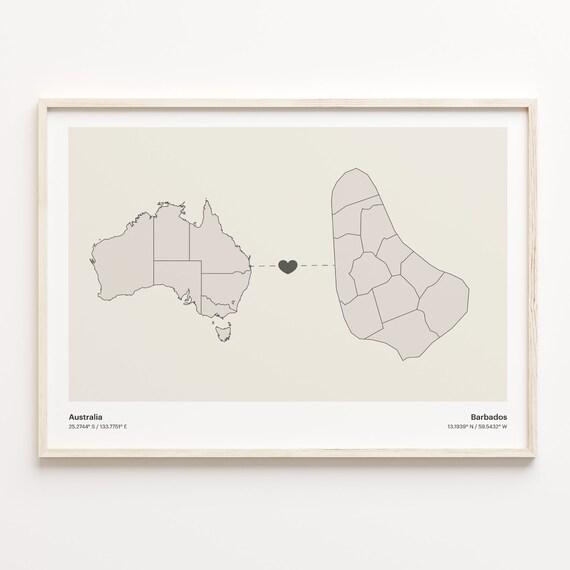 Australia to Barbados Long Distance Heart Map Connection Poster