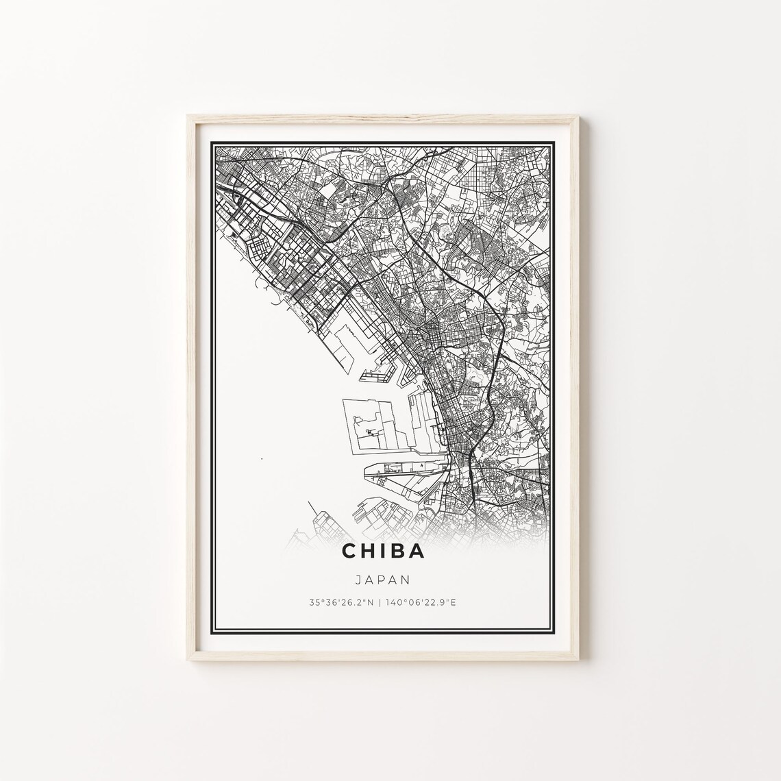 Chiba Japan Minimalist Black White City Street Map Art Poster