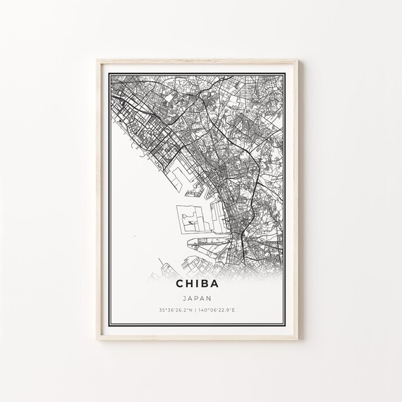Chiba Japan Minimalist Black White City Street Map Art Poster