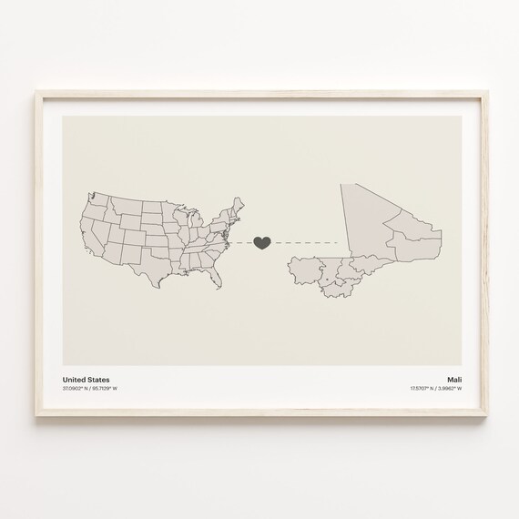 United States To Mali Long Distance Heart Connection Map Poster