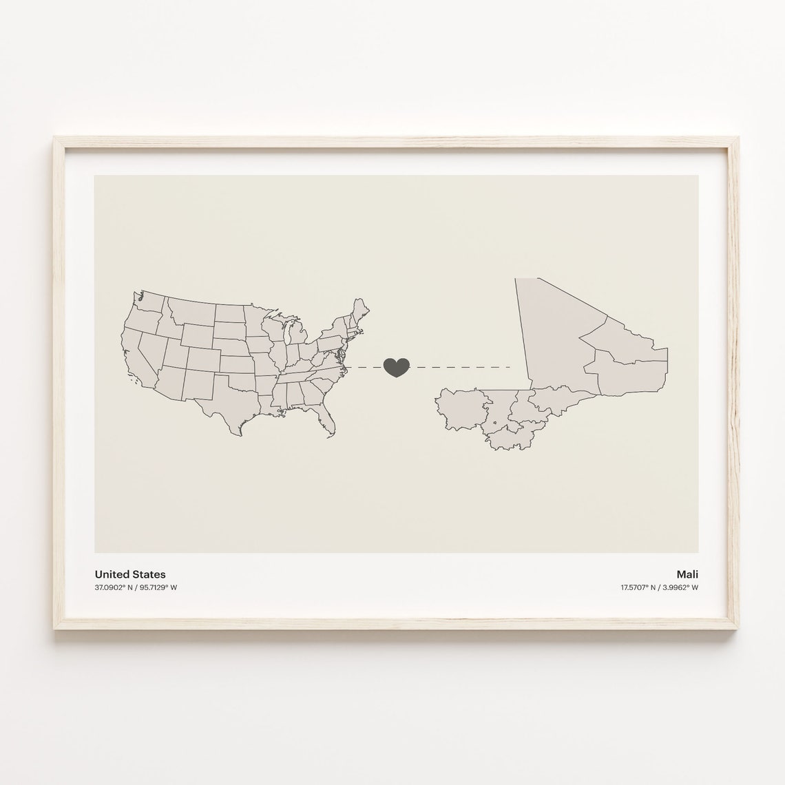 United States To Mali Long Distance Heart Connection Map Poster