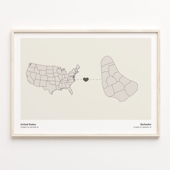 United States To Barbados Long Distance Heart Connection Map Poster