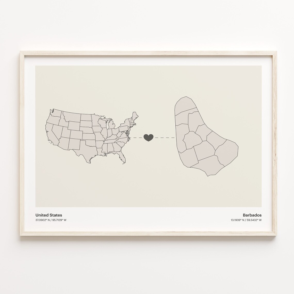 United States To Barbados Long Distance Heart Connection Map Poster