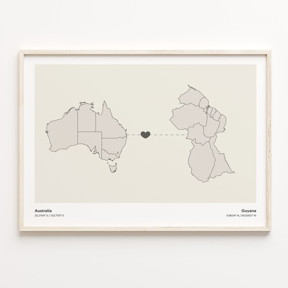 Australia and Guyana Long Distance Love Country Connection Map Poster