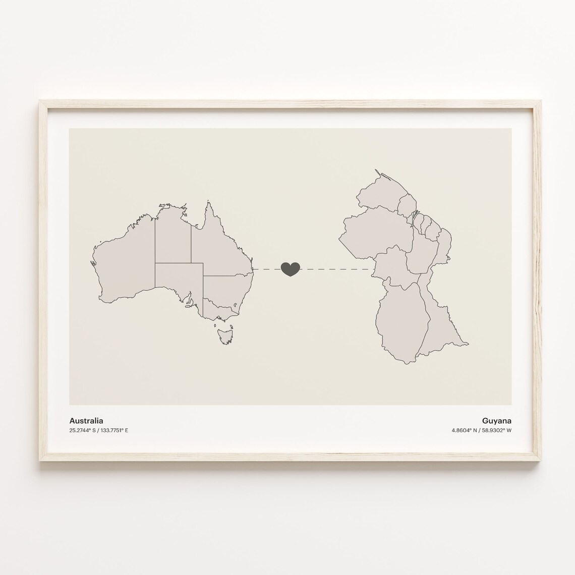 Australia and Guyana Long Distance Love Country Connection Map Poster