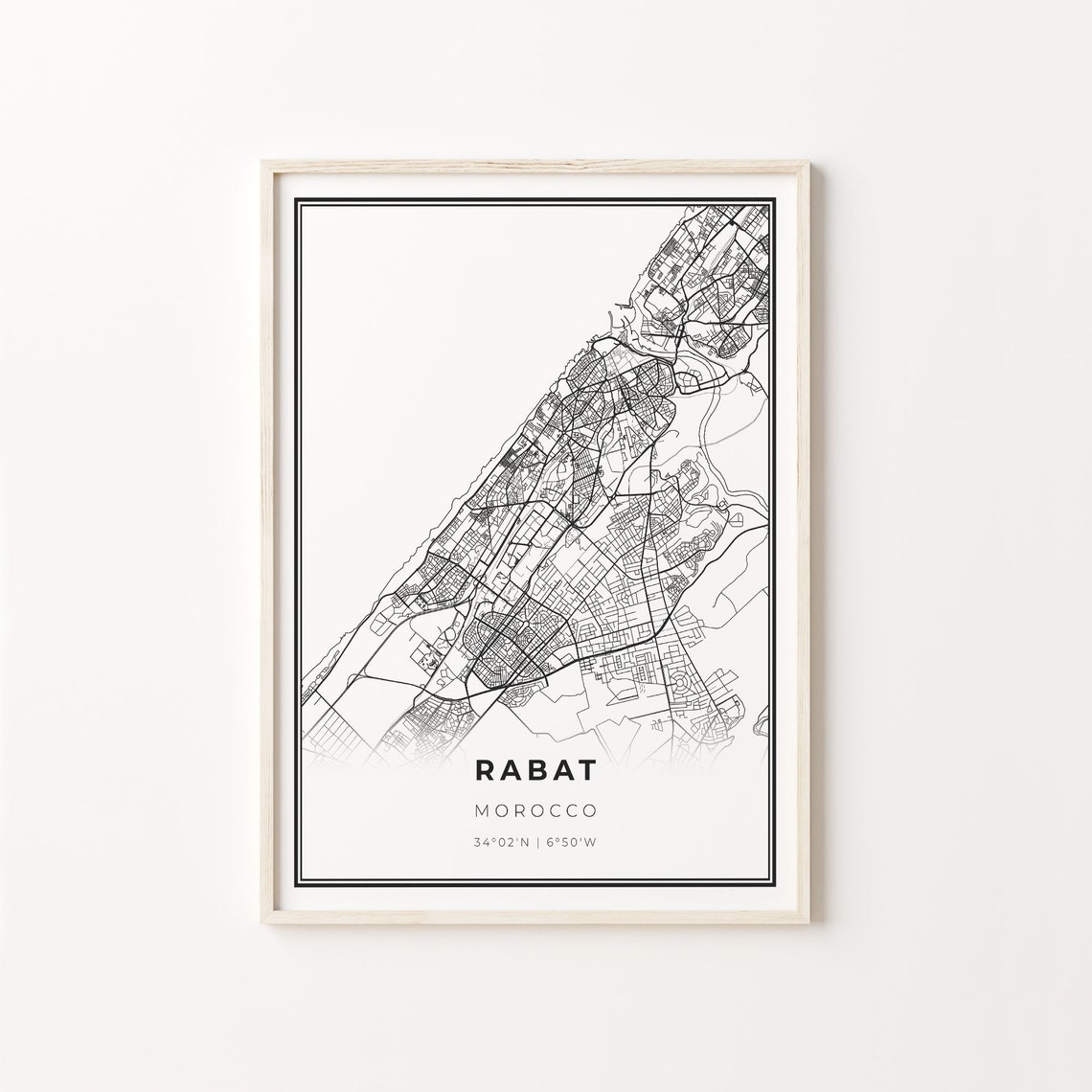 Rabat Morocco Black and White Street Map Minimalist Decor Poster