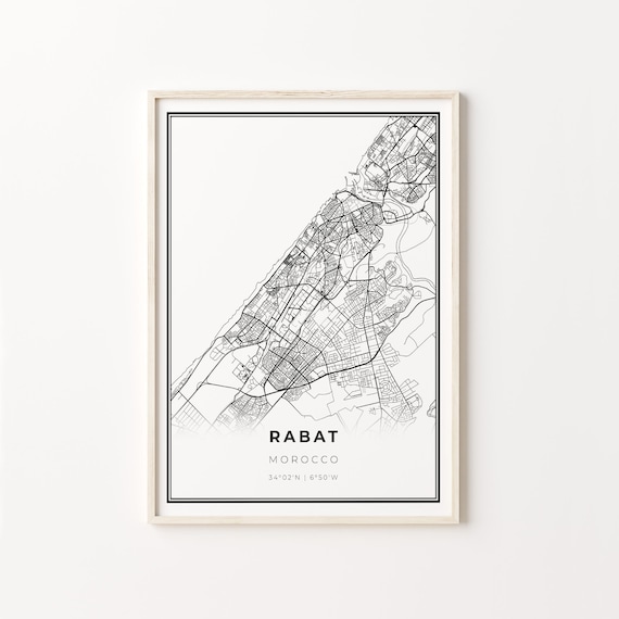 Rabat Morocco Black and White Street Map Minimalist Decor Poster