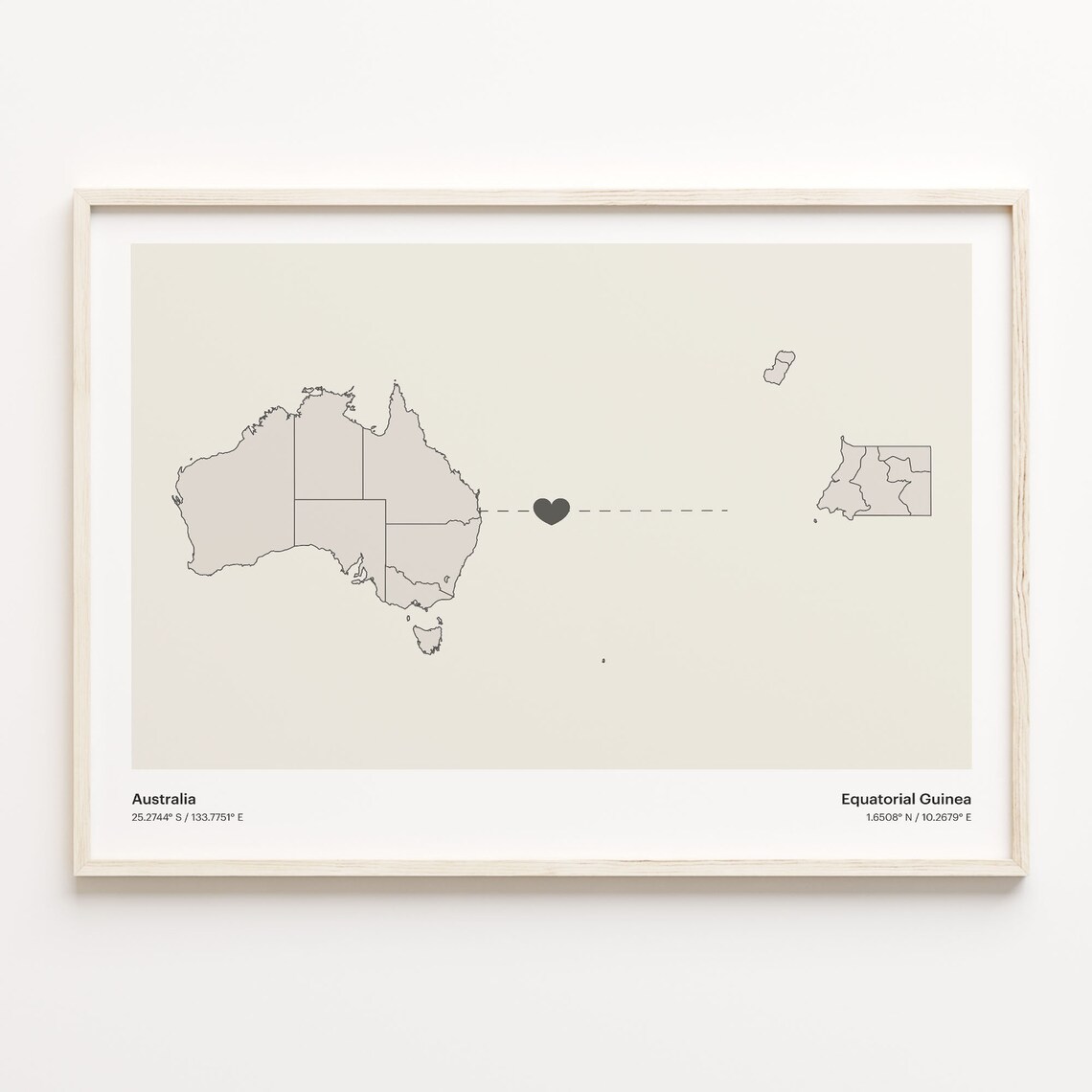Australia To Equatorial Guinea Minimalist Map Heart Connection Gift Poster