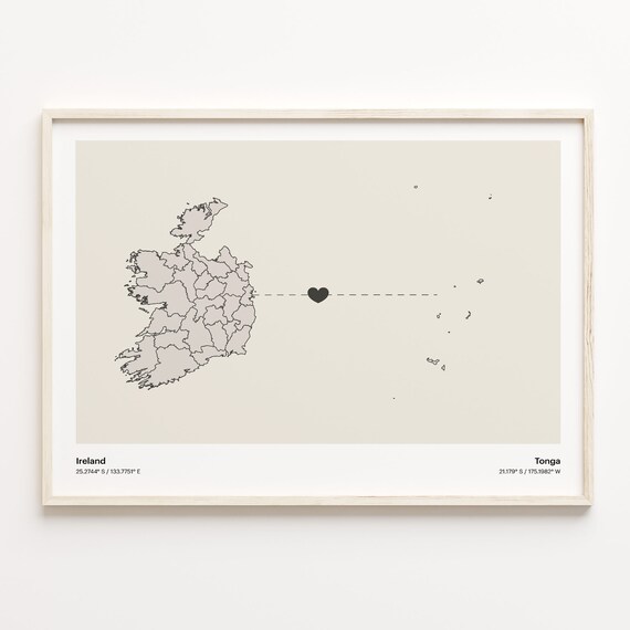 Ireland to Tonga Heart Map Long Distance Relationship Poster