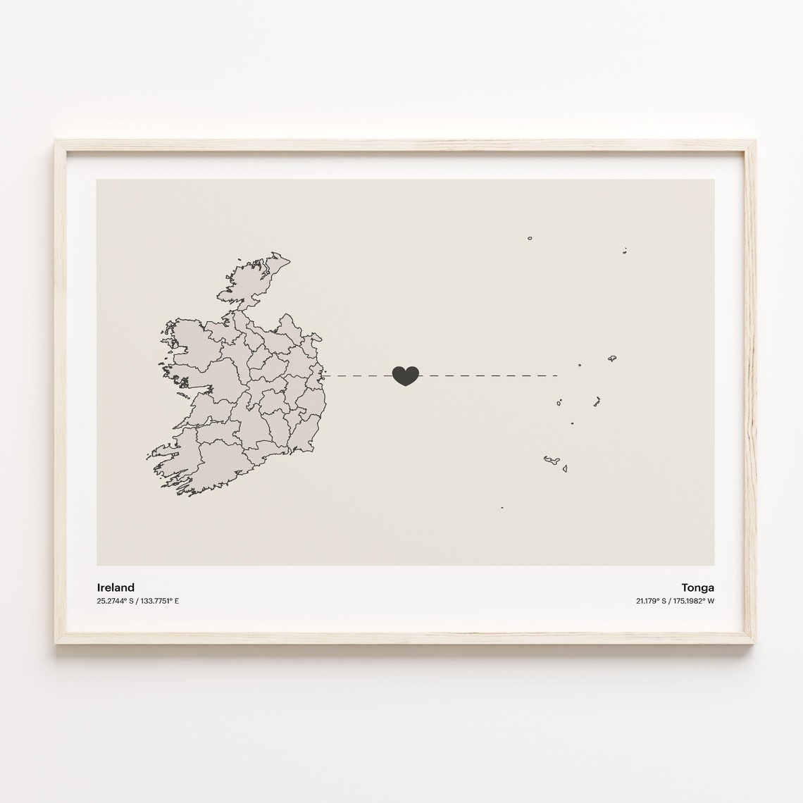Ireland to Tonga Heart Map Long Distance Relationship Poster