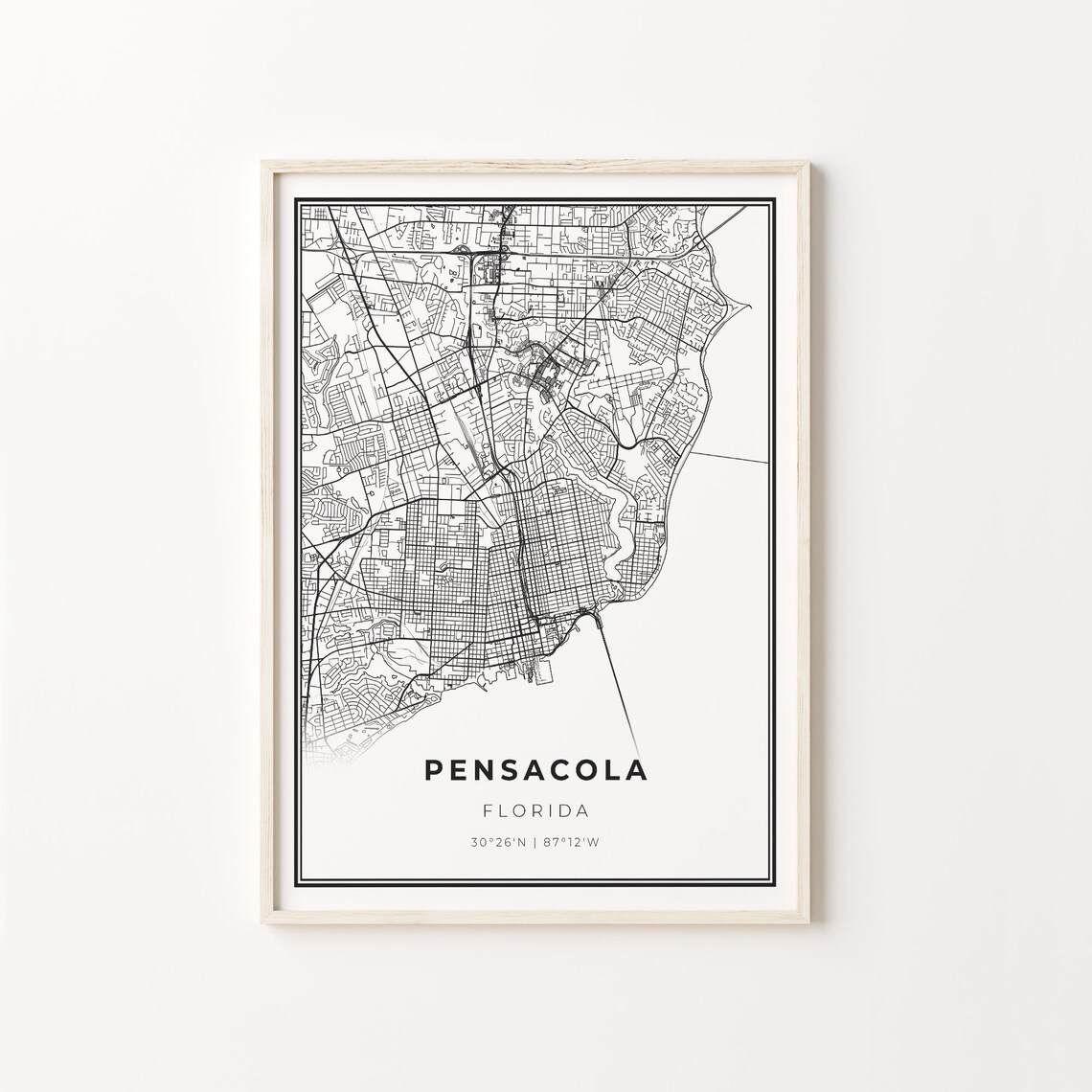 Pensacola Florida Modern Minimalist Black White Street Map Poster