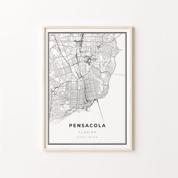 Pensacola Florida Modern Minimalist Black White Street Map Poster