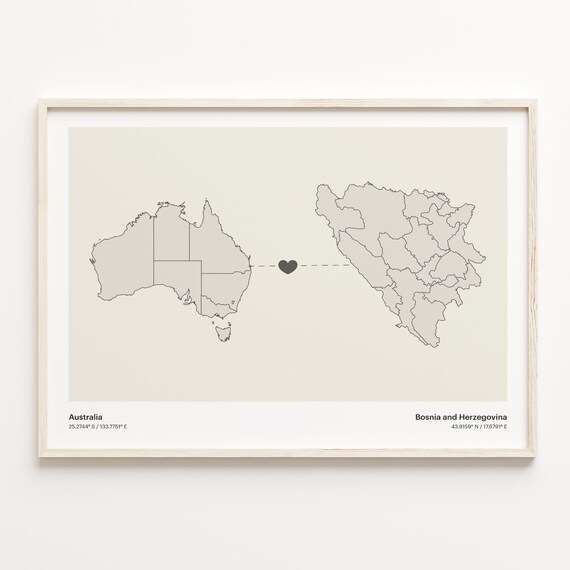 Australia Bosnia and Herzegovina Long Distance Heart Map Minimalist Love Print